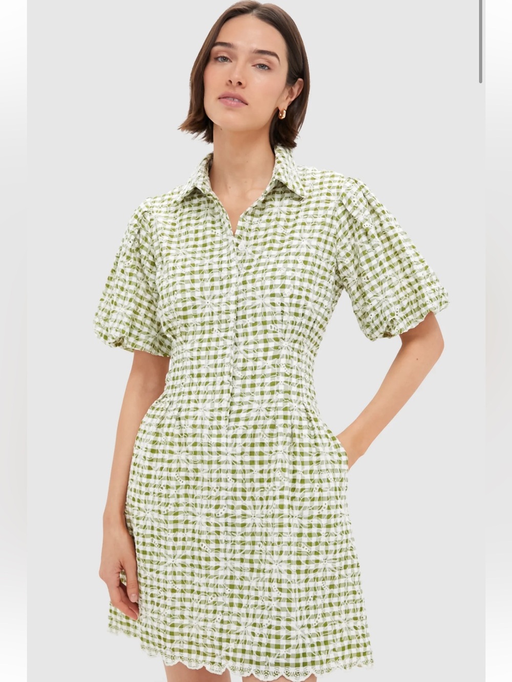 Tuckernuck Embroidered Floral Green Gingham Mini Delaney Dress Size Medium - Picture 3 of 8